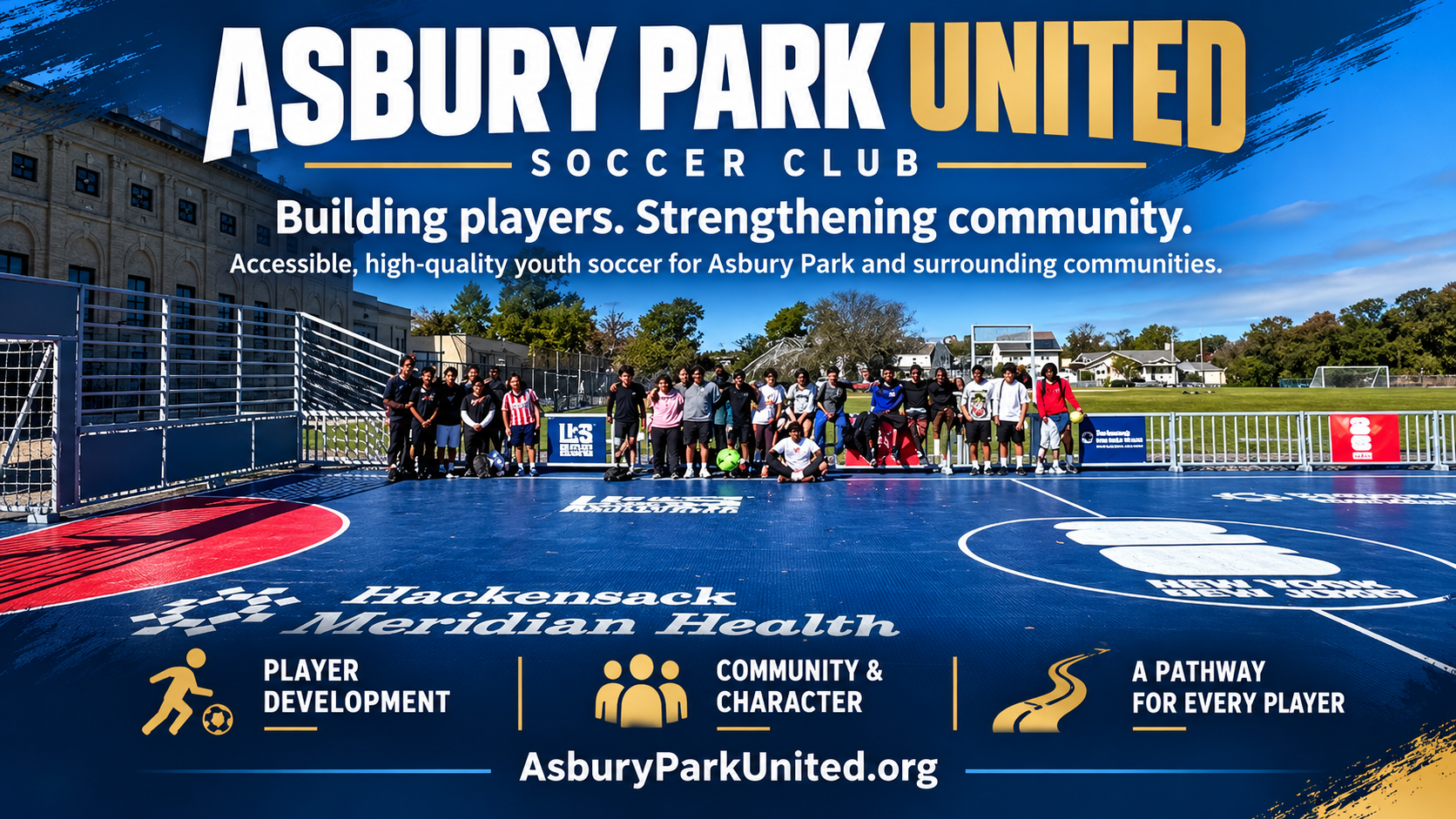 Youth soccer players on the Hackensack Meridian Health futsal court at Bradley Field